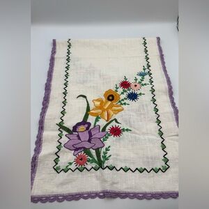 Vintage Table Runner Embroidered Floral with Purple Trim Approximately 37x15